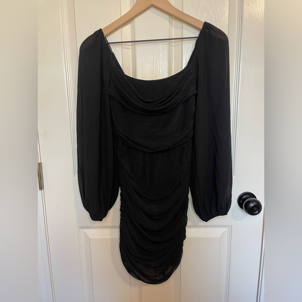 White Fox Boutique Black Long Sleeve Ruched Mini Dress Whimsigoth Size Small